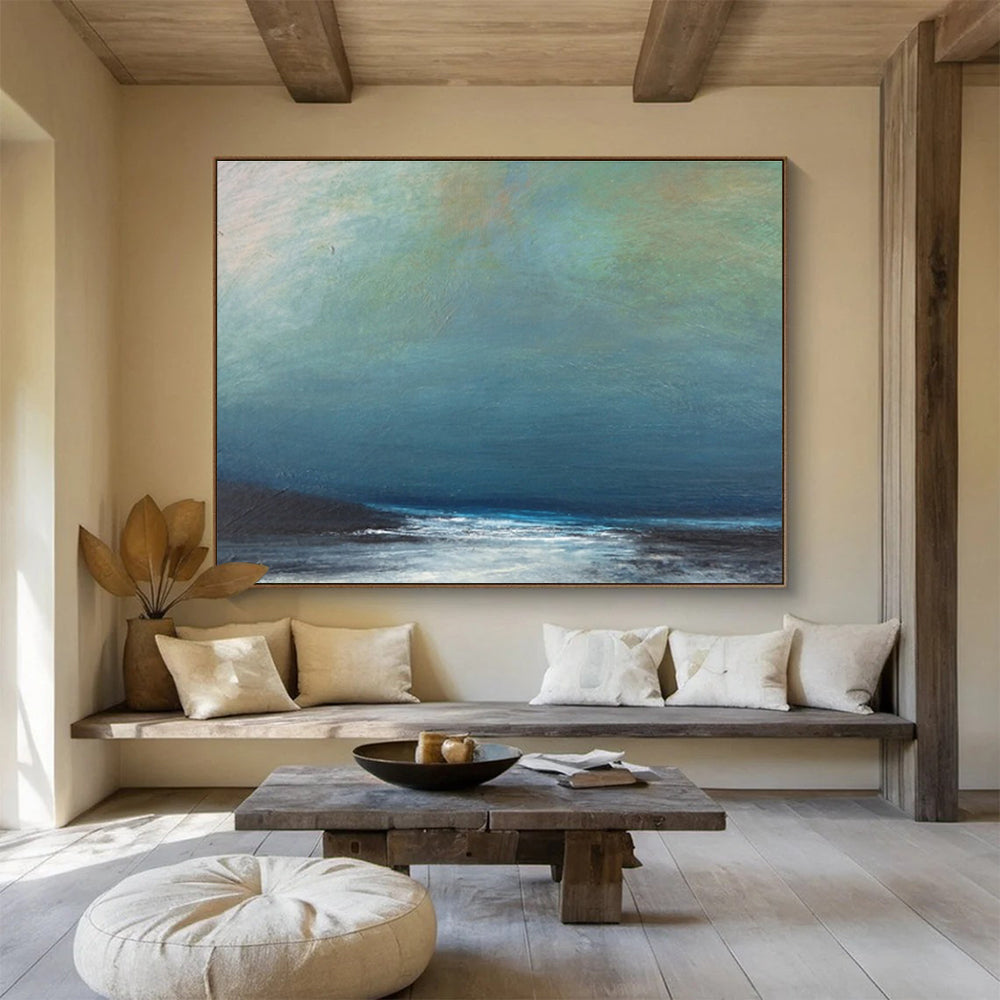Muted Blue and Green Sky Over Dark Sea Seascape Painting On Canvas DKS107