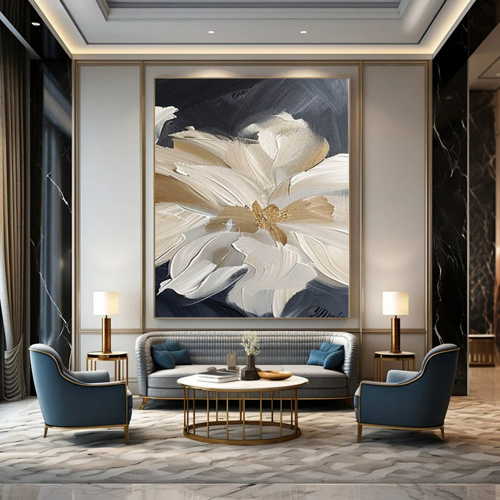 Cream and Black Floral "Luxe Petals" Impasto Flower Painting On Canvas PS1092