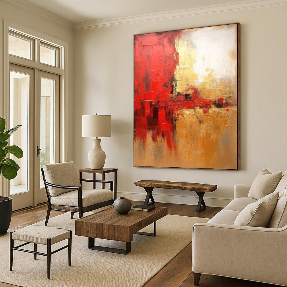 Red - Gold Abstract Energy Textured Painting On Canvas DS069