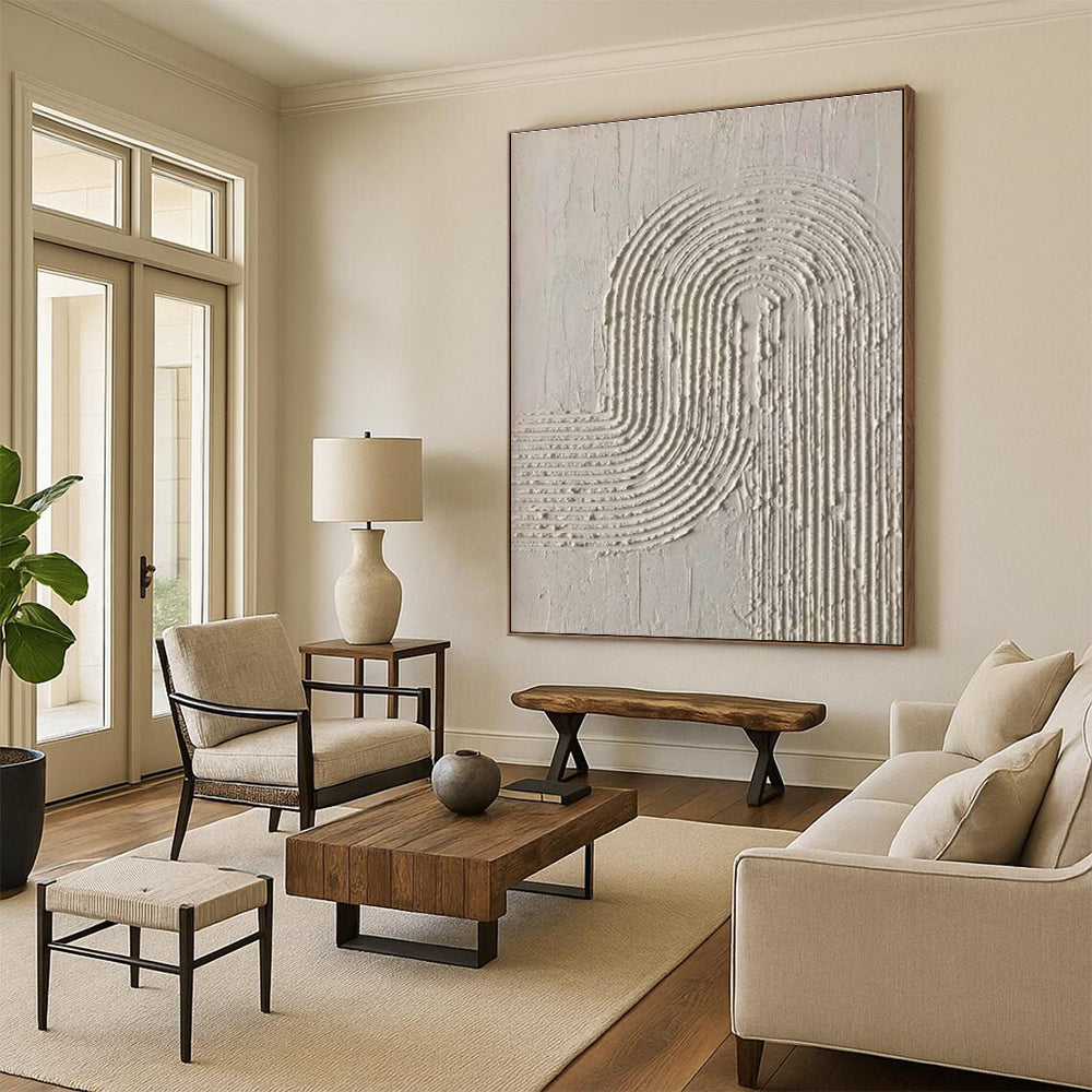 “Textured White Curved Lines” - White, Light - colored Abstract Textured Painting PS0596