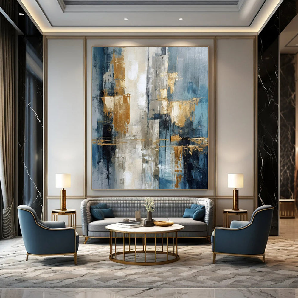 Blue, Gold, Gray with Abstract Forms "Gilded Skies" Abstract Painting On Canvas PS1257
