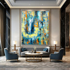 Blue, Yellow, and Orange Dynamic Mix - Energetic Abstract Brushstrokes Painting On Canvas PS1232
