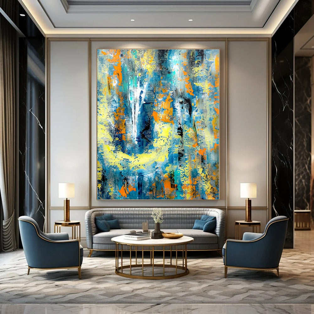 Blue, Yellow, and Orange Dynamic Mix - Energetic Abstract Brushstrokes Painting On Canvas PS1232