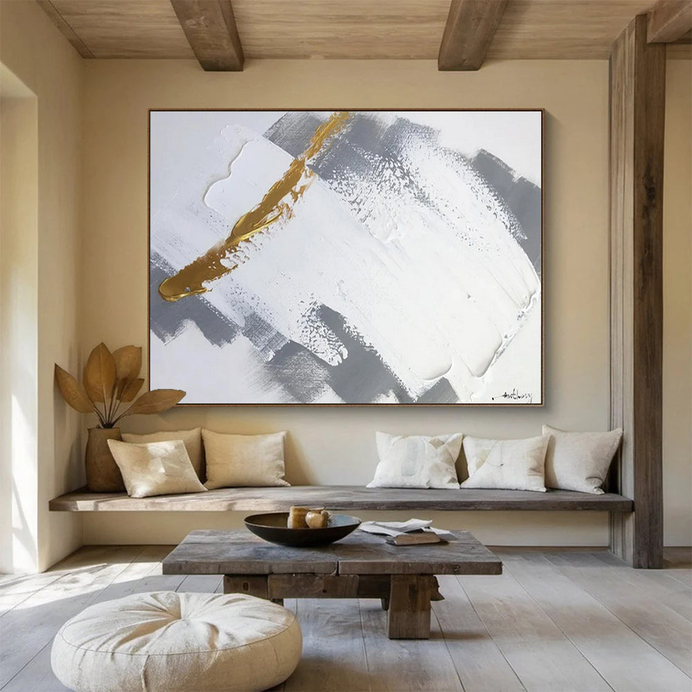 “Gold - Gray - White Geometric Abstract” - Golden - Gray Abstract Painting On Canvas PT1568