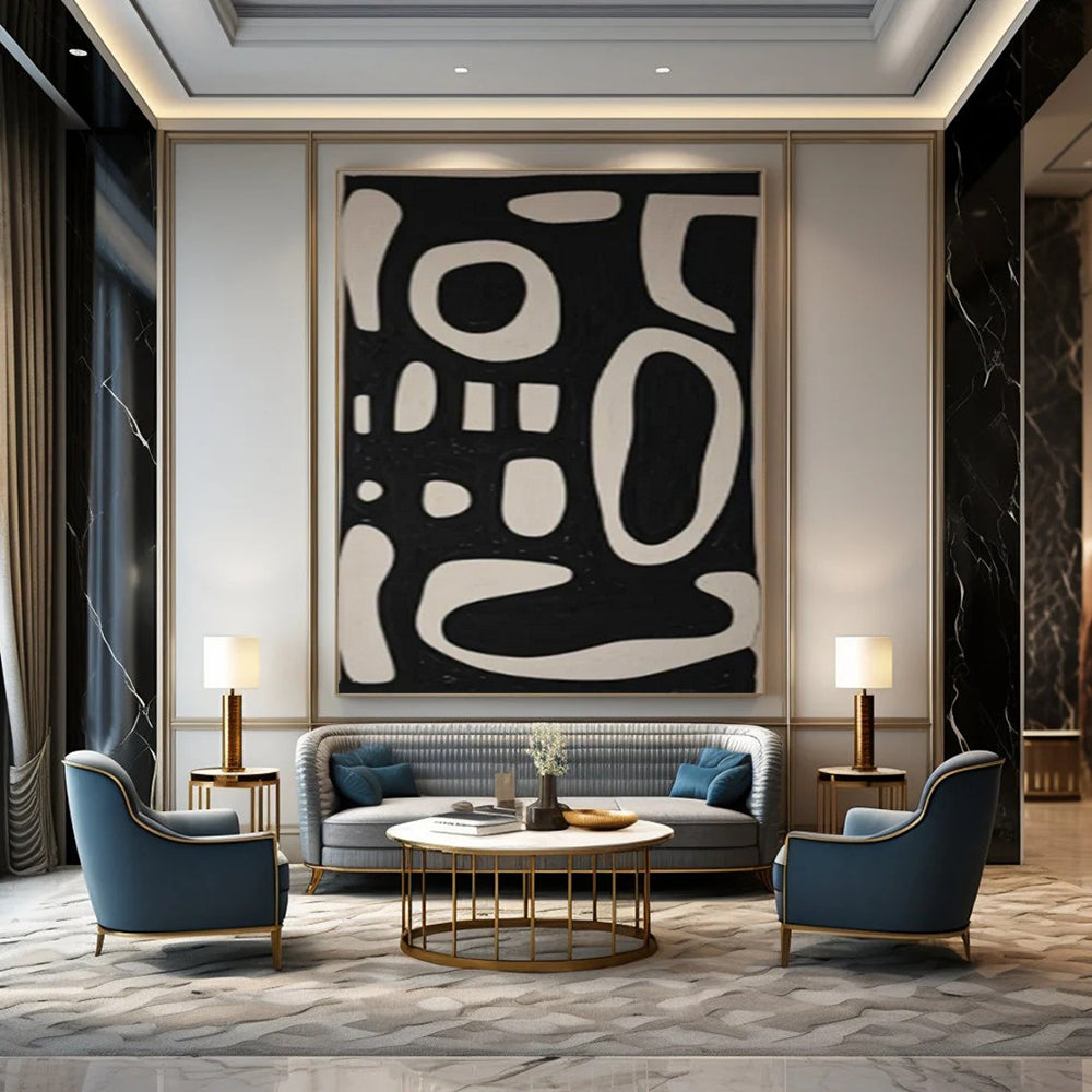 Black Background with White Curved Forms "Whimsical Silhouettes" Abstract Painting On Canvas PS1075