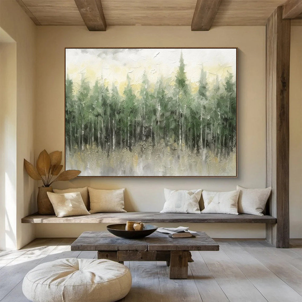 “Misty Forest in Greens and Yellows” - Impressionistic Landscape Painting On Canvas PT065