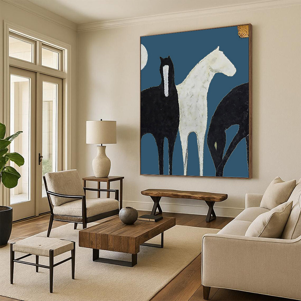 “Stylized Black & White Horses” - Minimalist - Inspired Animal Painting On Canvas PT1440