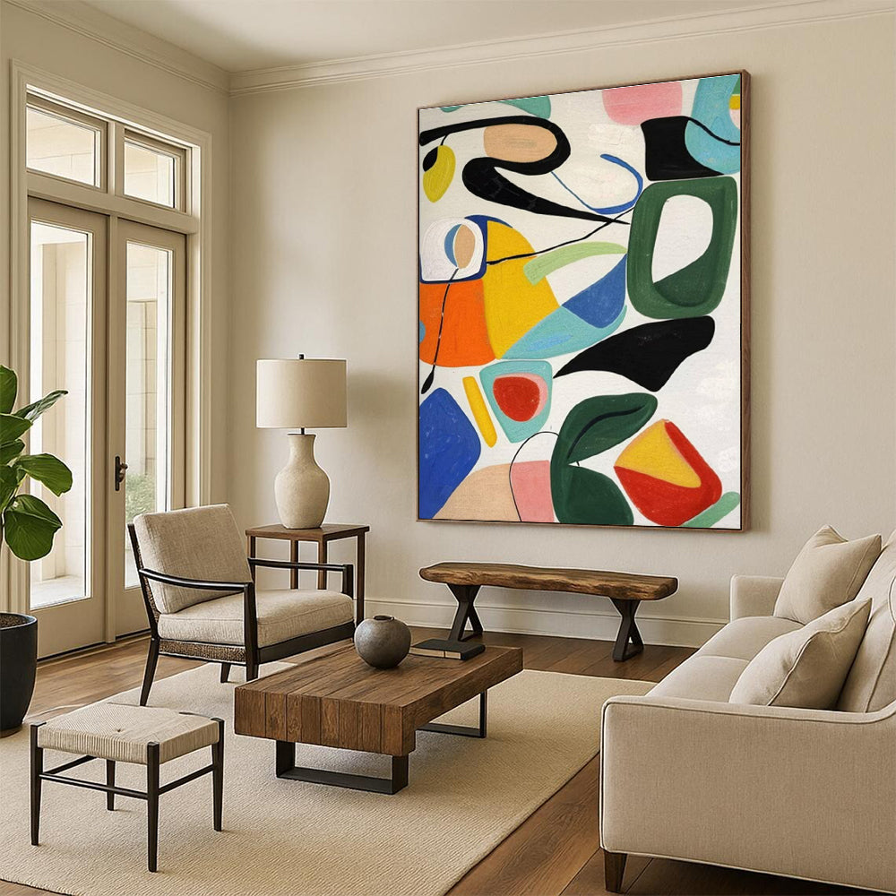 “Colorful Abstract Shapes Play” - Multicolor, Pink, Blue, Yellow, Green Abstract Geometric Painting On Canvas PS0635
