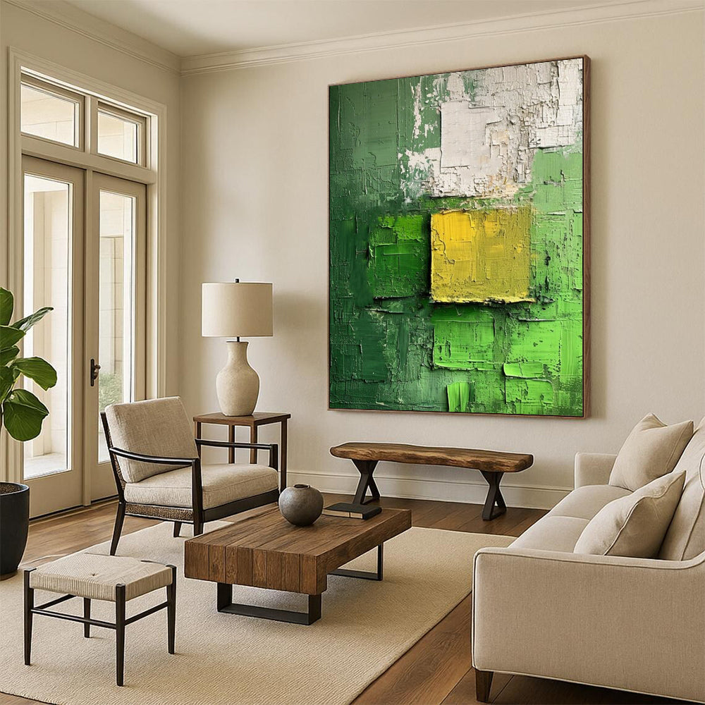 “Green - Yellow Textured Squares” - Abstract Expressionist Painting On Canvas DS029
