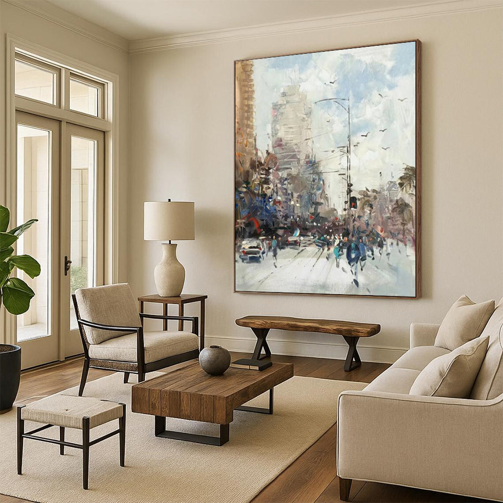 “Impasto Urban Street Scene” - Impasto Cityscape Painting On Canvas PT1900