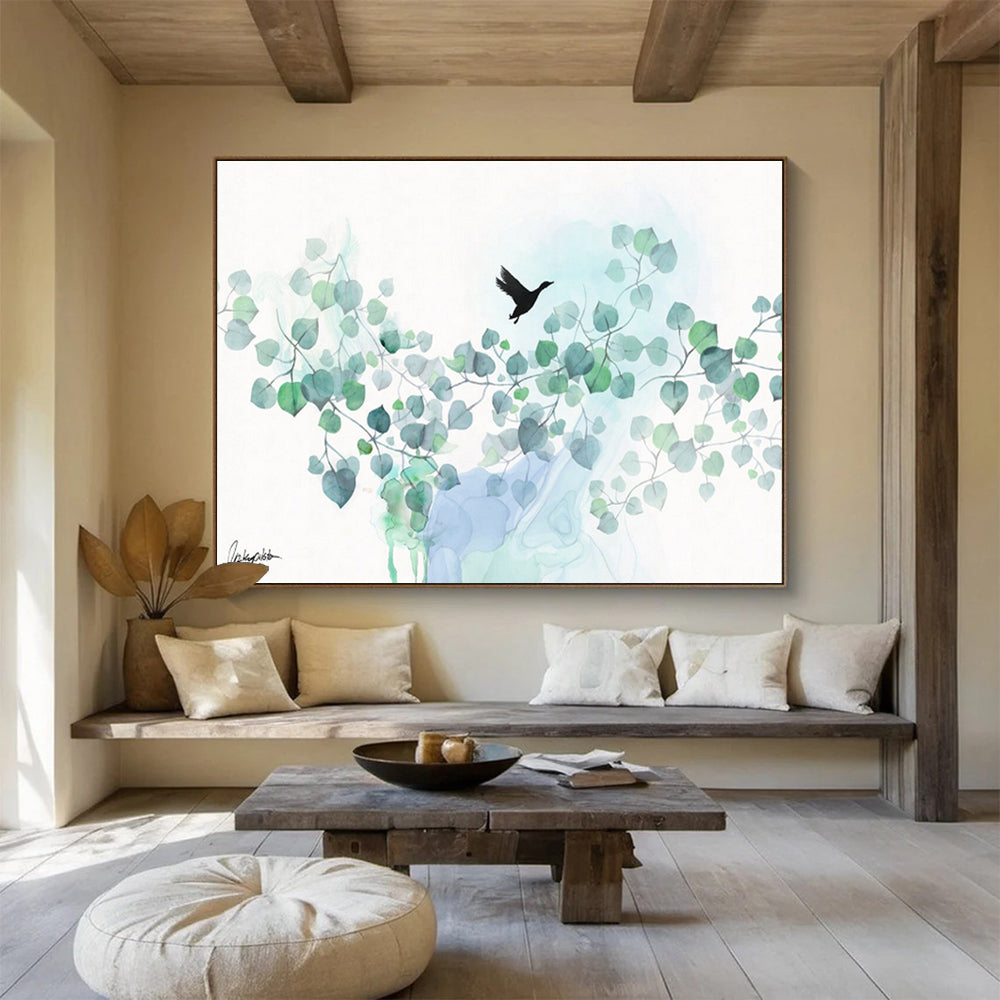 “Eucalyptus And Bird Silhouette” - Watercolor Painting On Paper DKS539