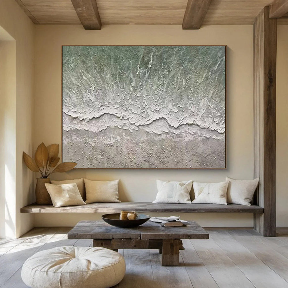 “Green - White Textured Beach” - Aerial Perspective “Wave Ripple” Painting On Canvas PT1667