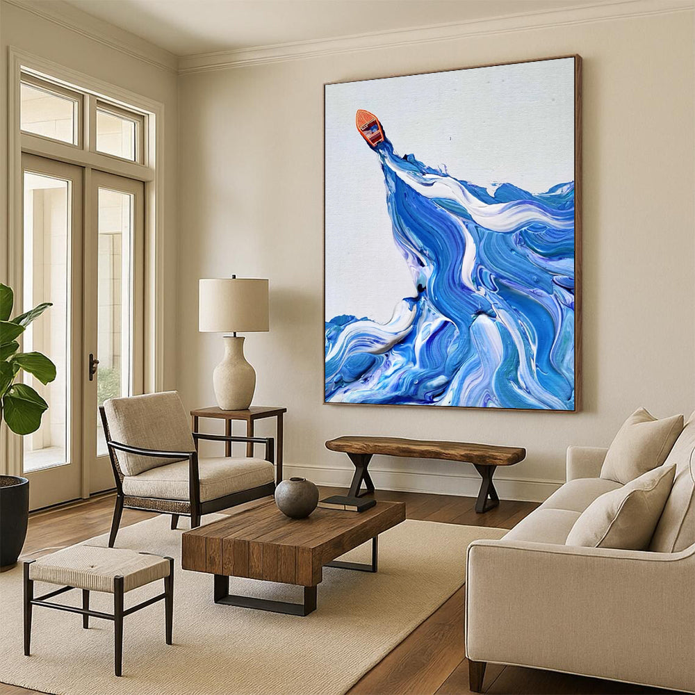 “Blue and White Wave with Orange Boat” - Dynamic Sea Scene Painting On Canvas DS321