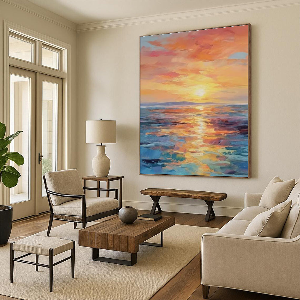 “Sunset Sea Reflection” - Orange, Pink, Blue, Purple Abstract Seascape Painting On Canvas PS0687
