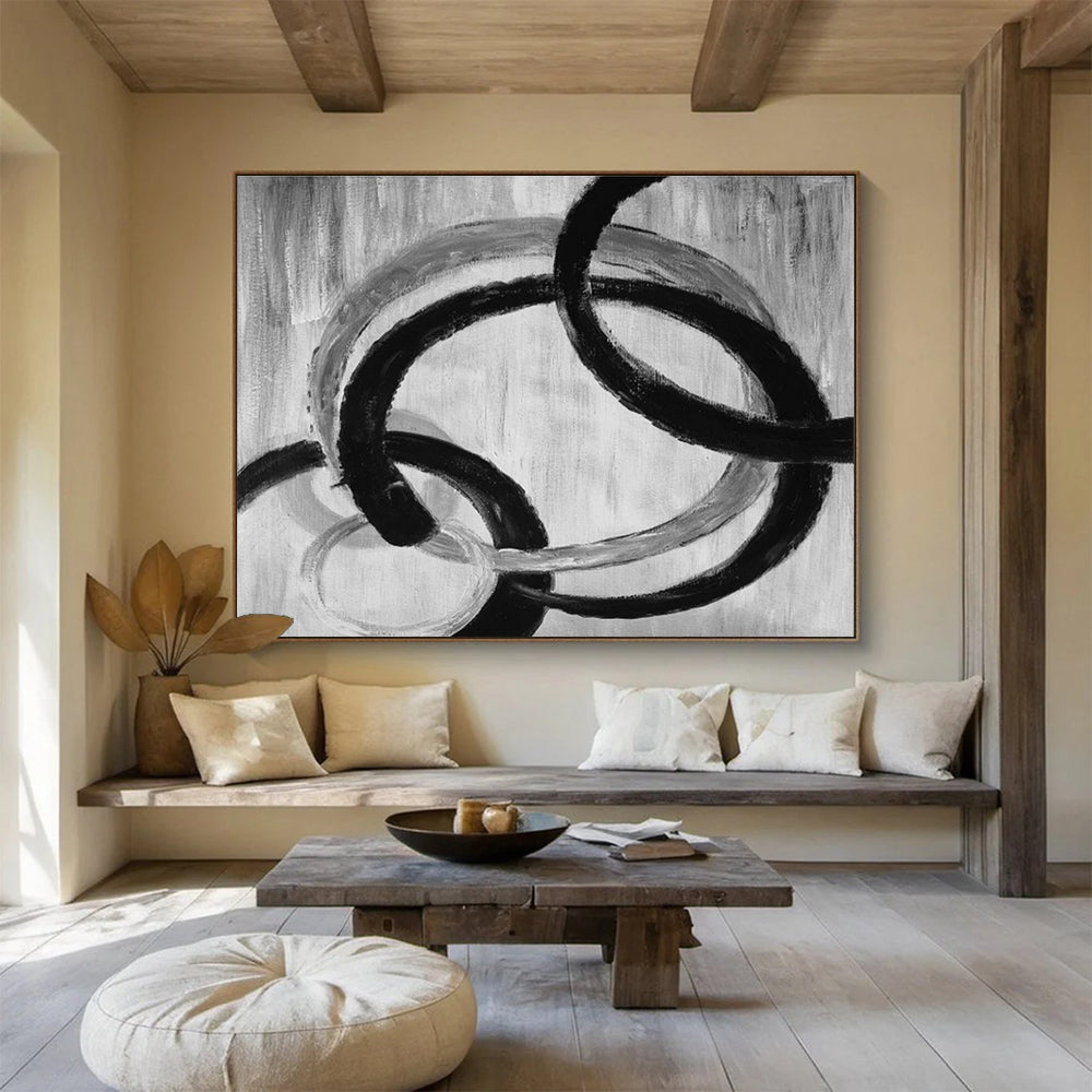 Monochrome Intertwined Rings Abstract Painting On Canvas DKS175