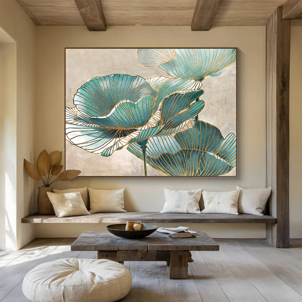 “Teal & Gold Flowers” - Decorative Floral Painting On Canvas DKS428