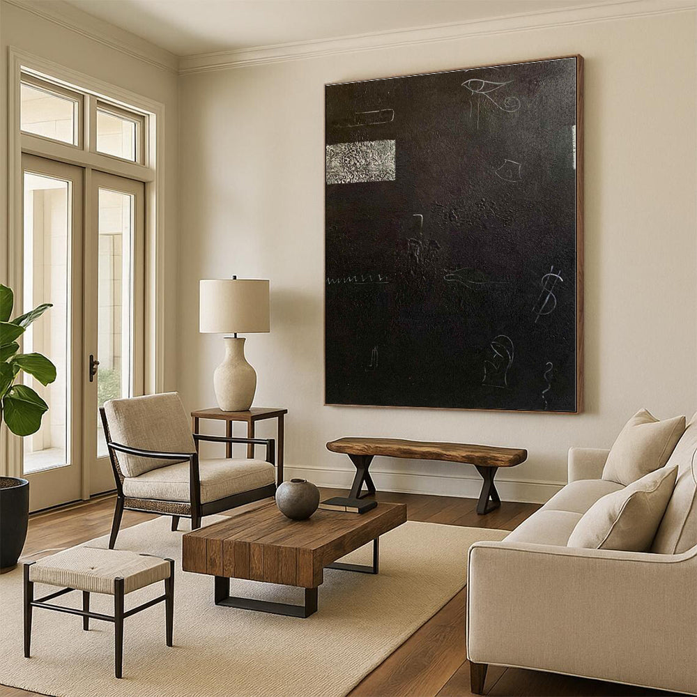 “Black - White Symbolic Abstraction” - Black, White Abstract Painting On Canvas PS0470