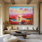 “Pink Wetland Sunset with Boats” Impressionist Landscape Painting On Canvas PT1799