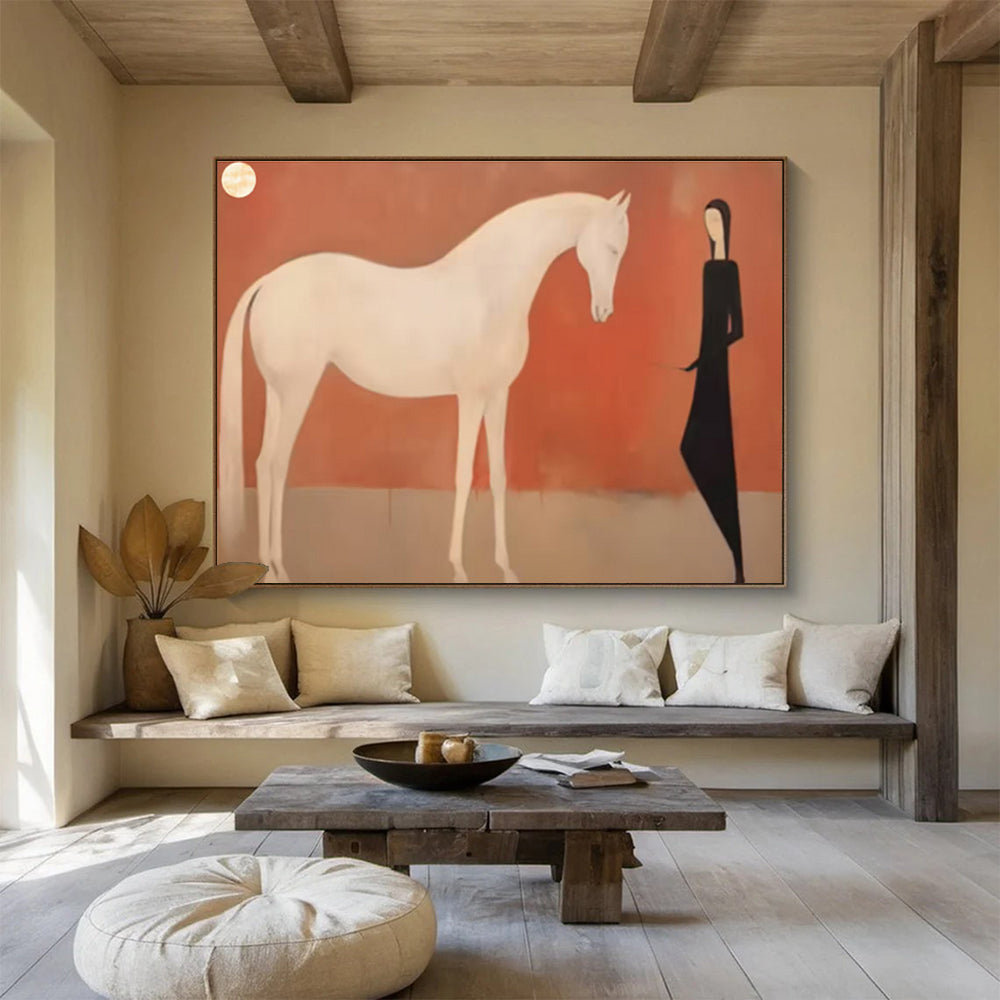 “Woman And Horse Silhouette” - Red, White & Black Figurative, Minimalist Painting On Canvas DKS730