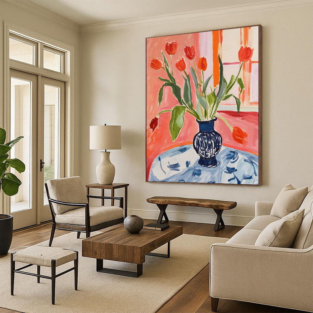 “Vibrant Tulip Bouquet” - Post - Impressionist Still - Life Painting On Canvas PT2229