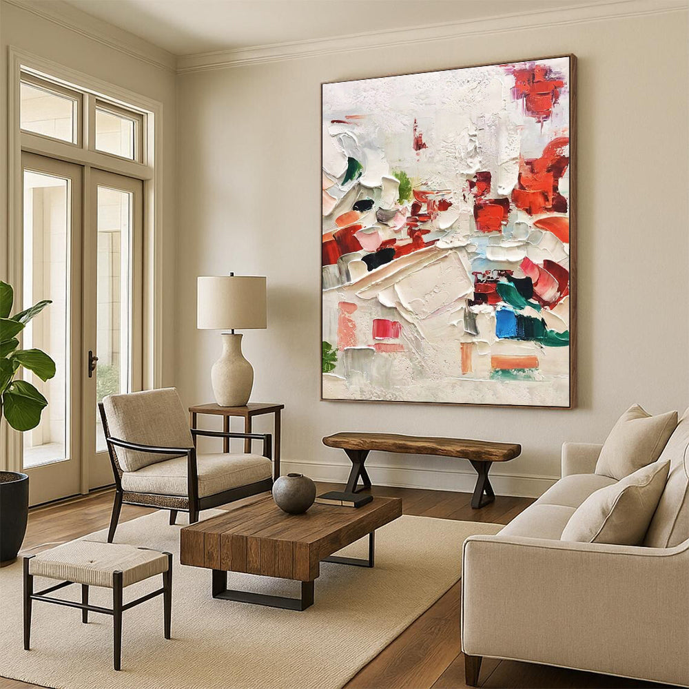 “Red - Colorful Impasto Abstract” - Multicolor, Red Abstract Impasto Painting On Canvas PS0731