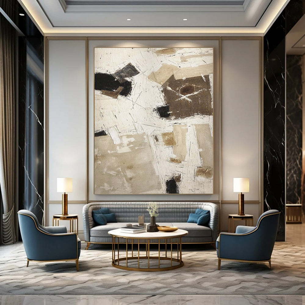 Brown and White Geometric, "Neutral Mosaic" – Abstract Geometric Painting On Canvas PS0974