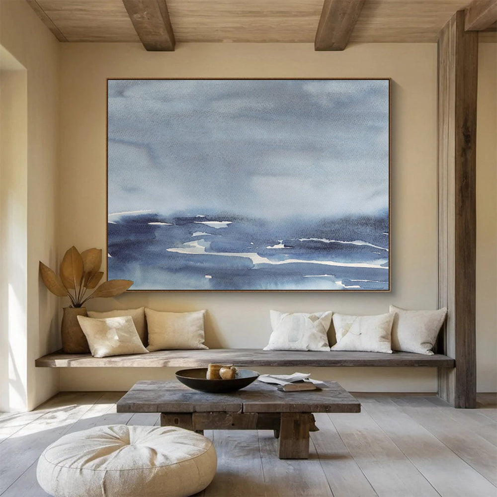 “Muted Blue Watercolor Seascape” Watercolor Painting On Canvas DKS168