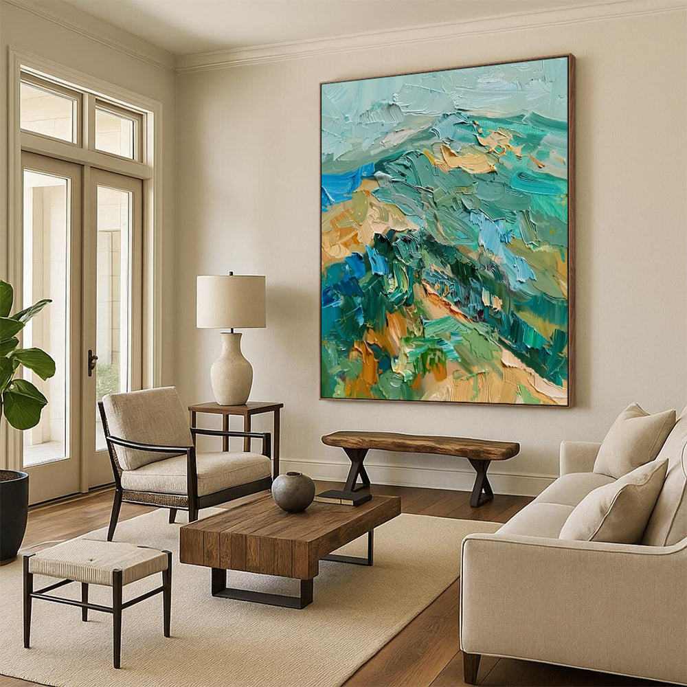 “Textured Green and Blue Impasto Landscape” - Impasto Landscape Painting On Canvas PT1938