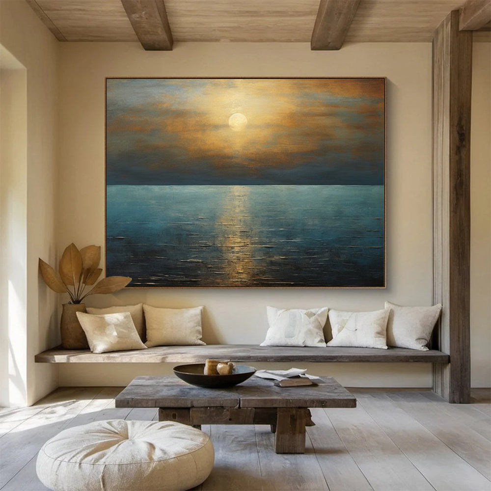 Golden Sunset Over Blue Sea Seascape Painting On Canvas DKS102