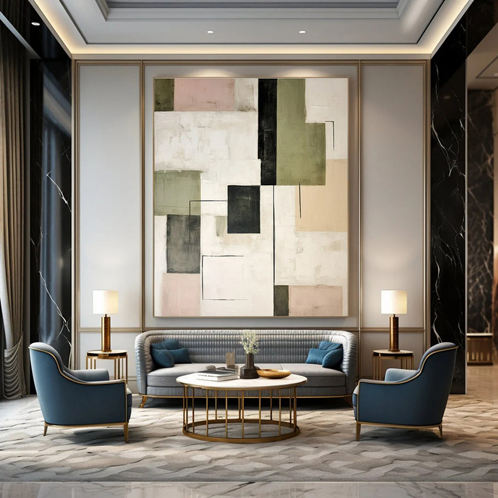 Green, Gray, Black, Beige, Pink with Geometric Forms "Playful Grid" Abstract Painting On Canvas PS1446