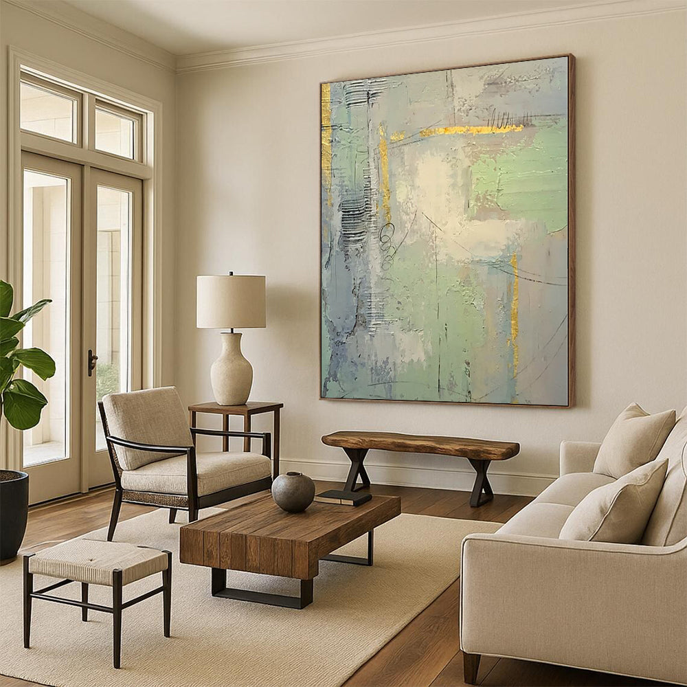 “Grey - Green with Golden Accents Abstract Textures” Painting On Canvas PS0374