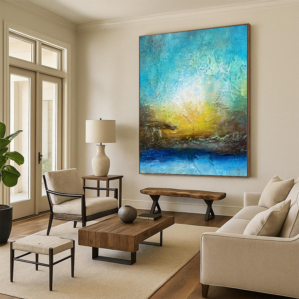“Textured Blue - Gold Abstract Sunset” - Impressionistic Abstract Painting On Canvas PS0046