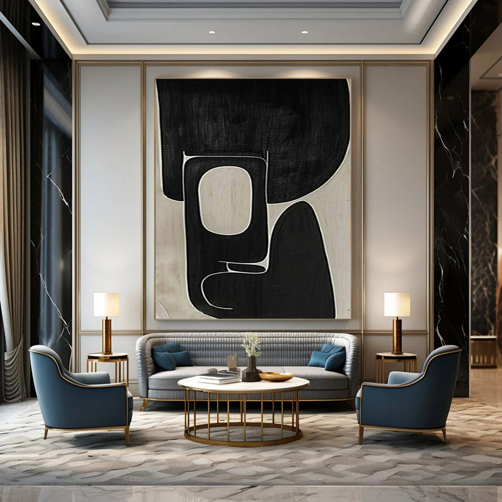 Black and White with Intricate Curved Lines "Complex Calm" Abstract Painting On Canvas PS1107