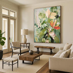 “Soft Green and Pink Floral Abstraction” - Botanical Impressionist Painting On Canvas PT1873