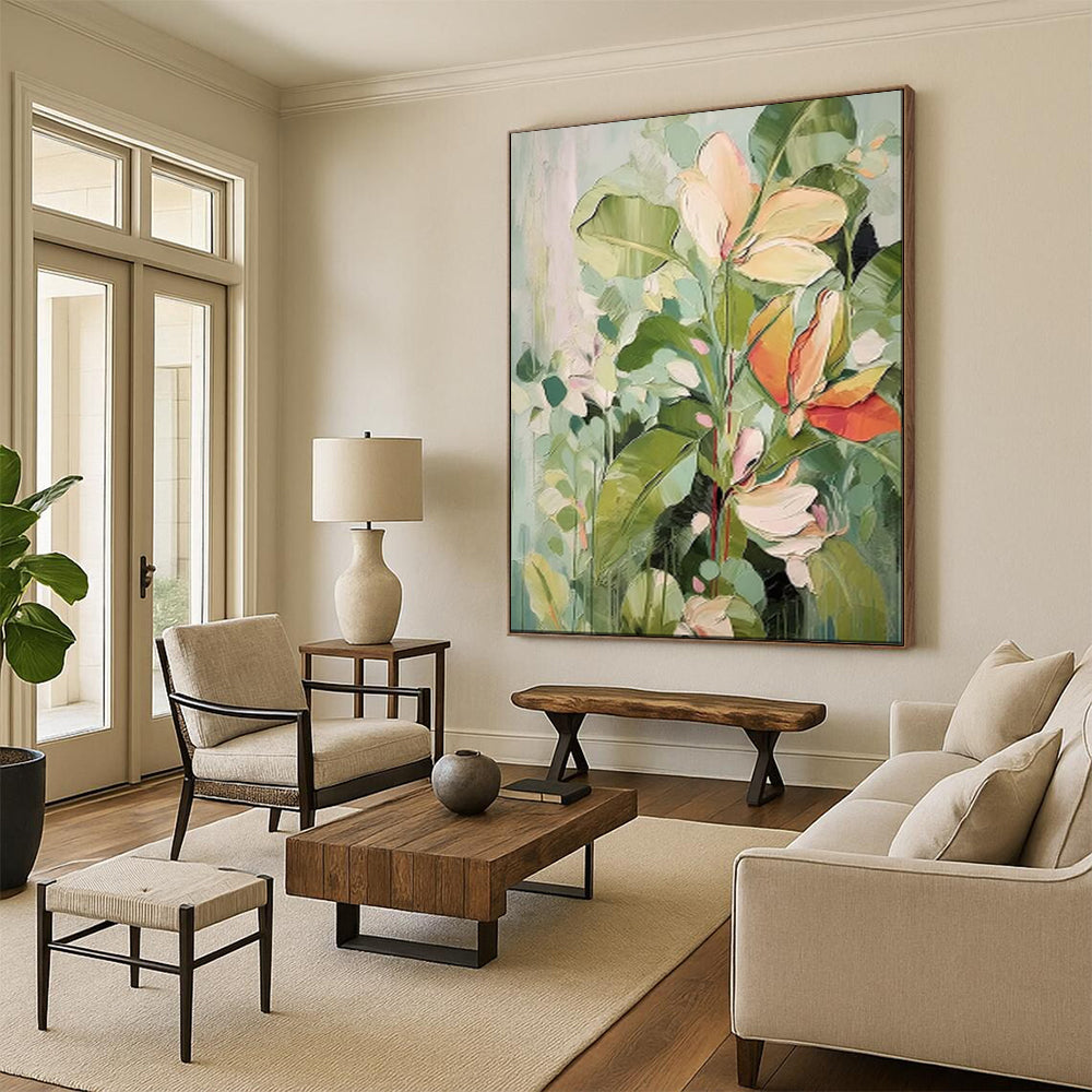 “Soft Green and Pink Floral Abstraction” - Botanical Impressionist Painting On Canvas PT1873
