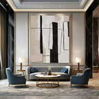 Black, White and Beige with Geometric Overlaps "Structured Serenity" Abstract Painting On Canvas PS1135