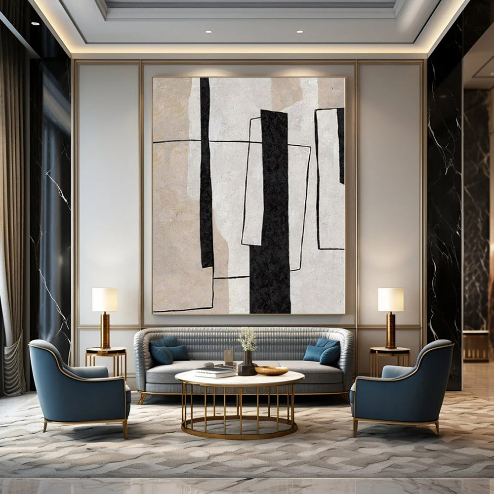 Black, White and Beige with Geometric Overlaps "Structured Serenity" Abstract Painting On Canvas PS1135