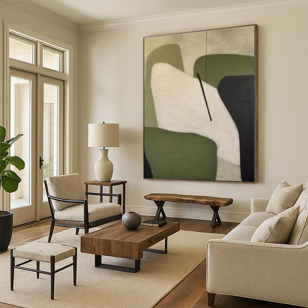 “Geometric Shapes in Green & Neutral” - Green, White, Black Abstract Geometric Painting On Canvas PS0575