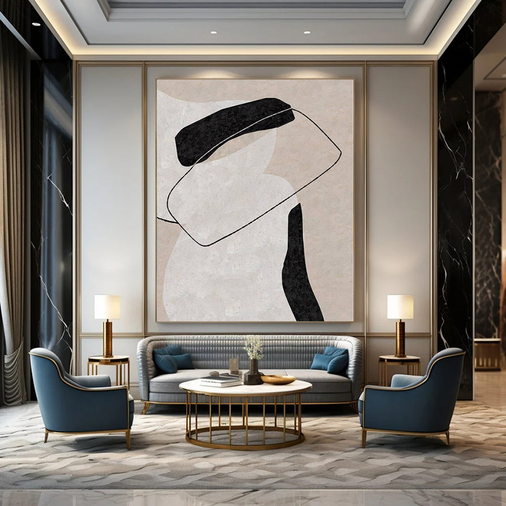 Beige, Black and White with Interconnected Forms "Linked Harmony" Abstract Painting On Canvas PS1122