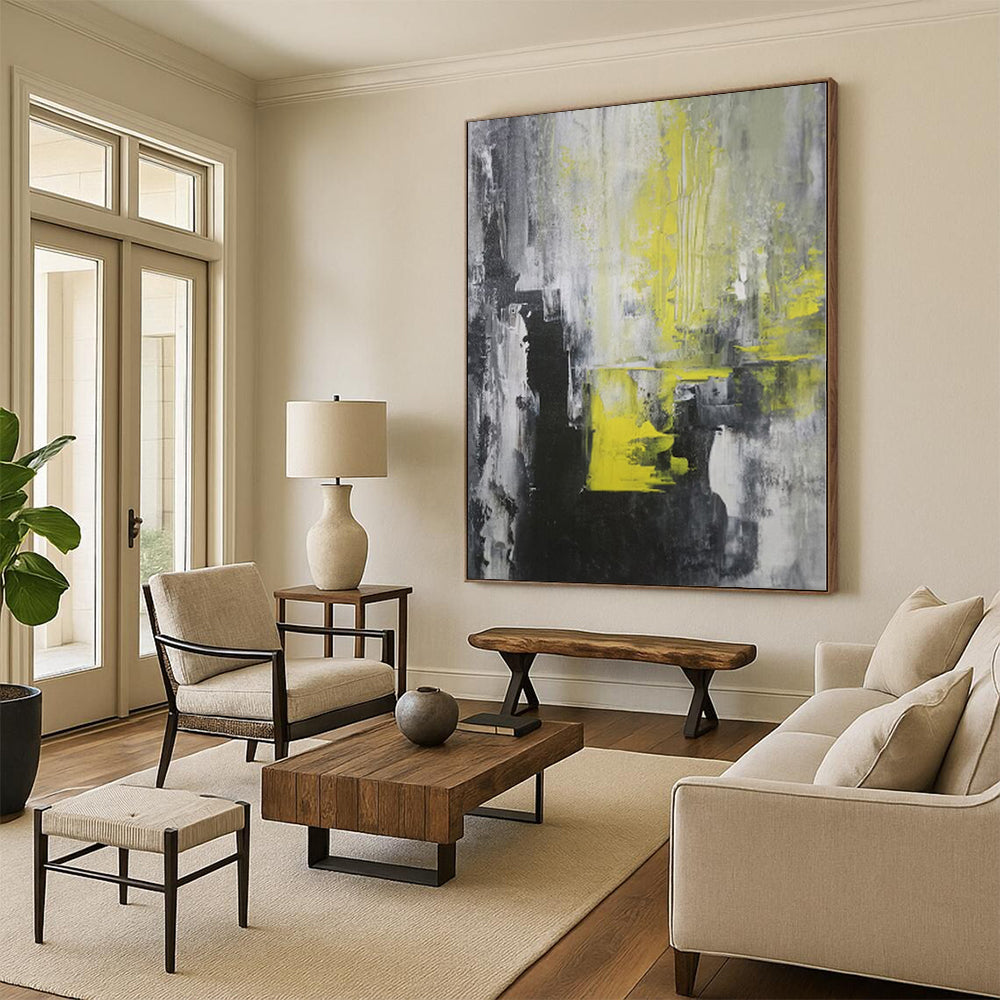 “Gray - Yellow Abstract Urban” - Industrial Abstract Painting On Canvas PS0063