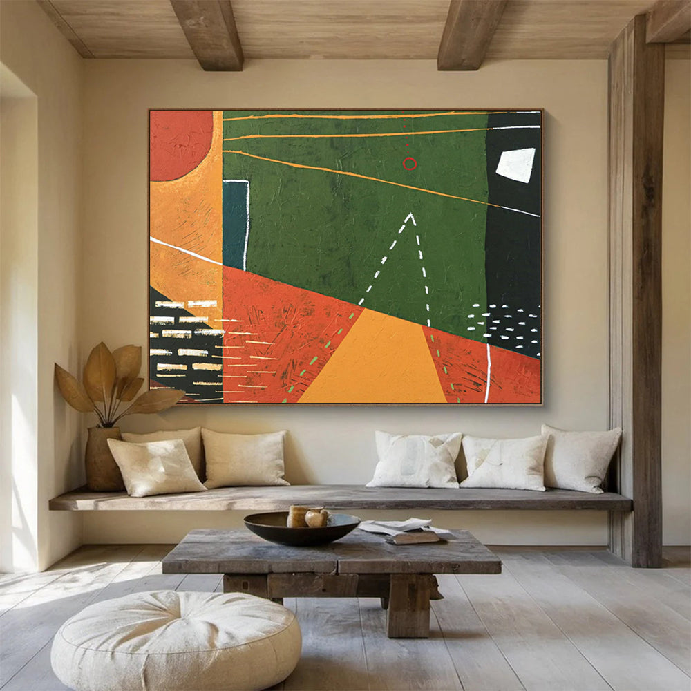 “Geometric Abstraction in Green, Orange, Red” Geometric Abstract Painting On Canvas PT1808