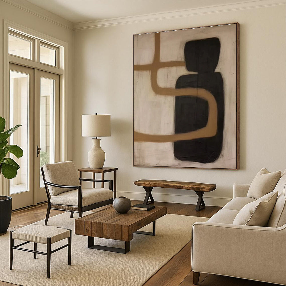 “Black - Brown Curved Abstraction” - Black, Brown Abstract Painting On Canvas PS0536