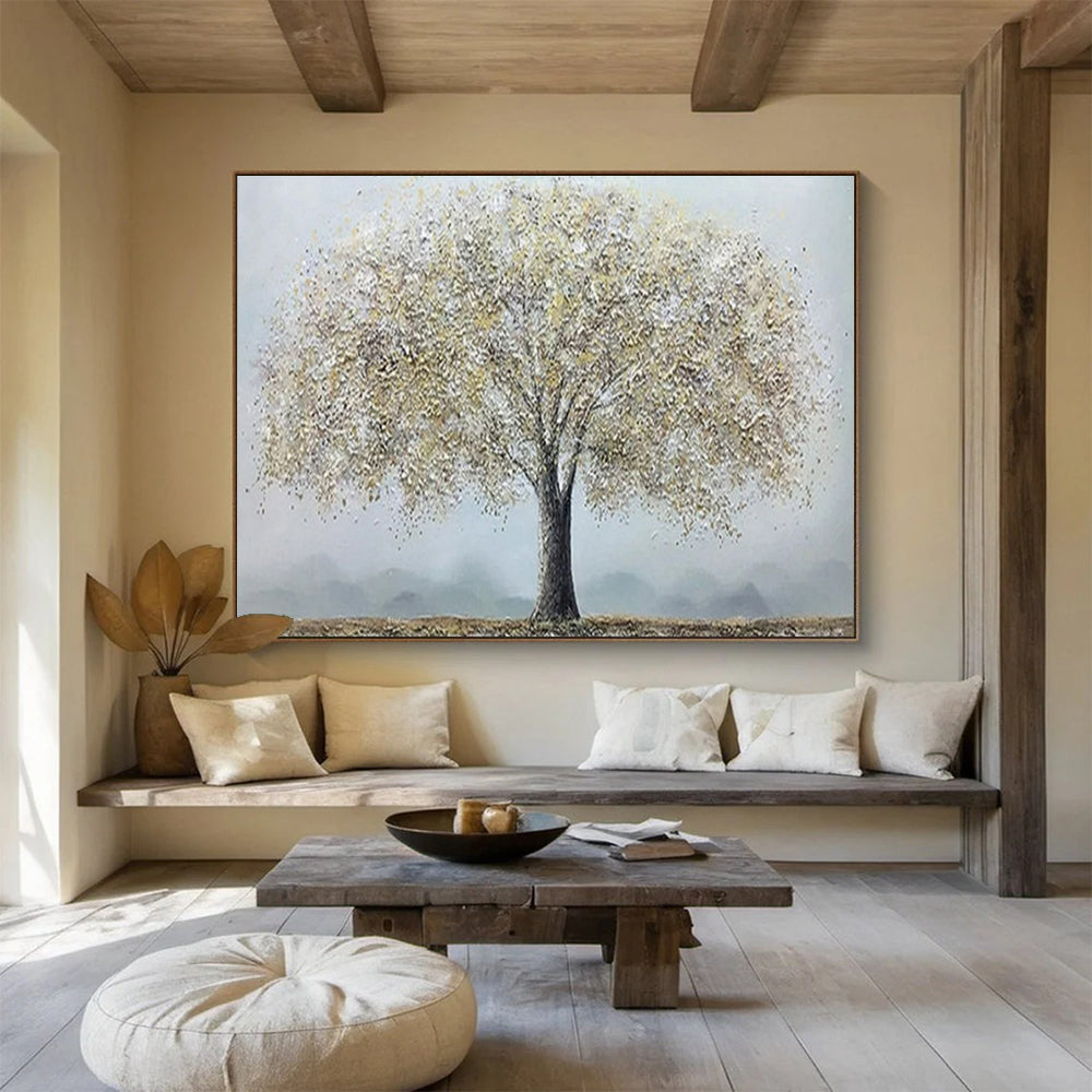 “Golden - White Canopy Tree” - Impasto - Textured Painting On Canvas PT1526