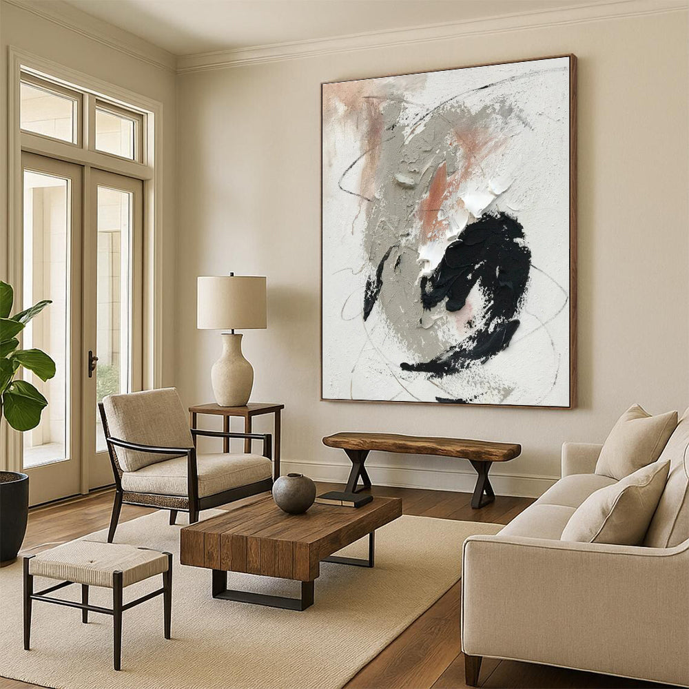 Gray, Black, White, Peach Expressive Marks “Muted Emotion” - Painting On Canvas PS0809