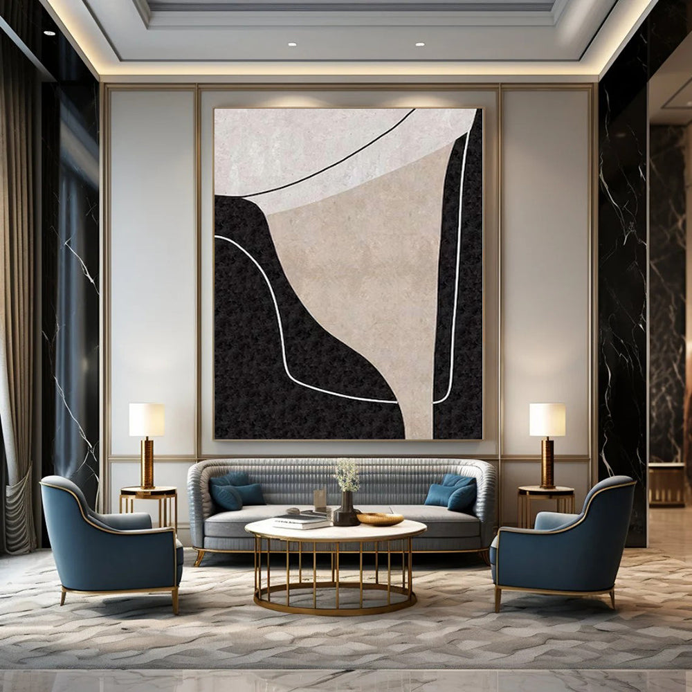 Black, White and Beige with Intertwined Line Forms "Complex Connection" Abstract Painting On Canvas PS1163