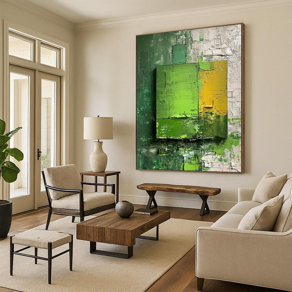 “Green - Yellow Textured Squares” - Abstract Expressionist Painting On Canvas DS030