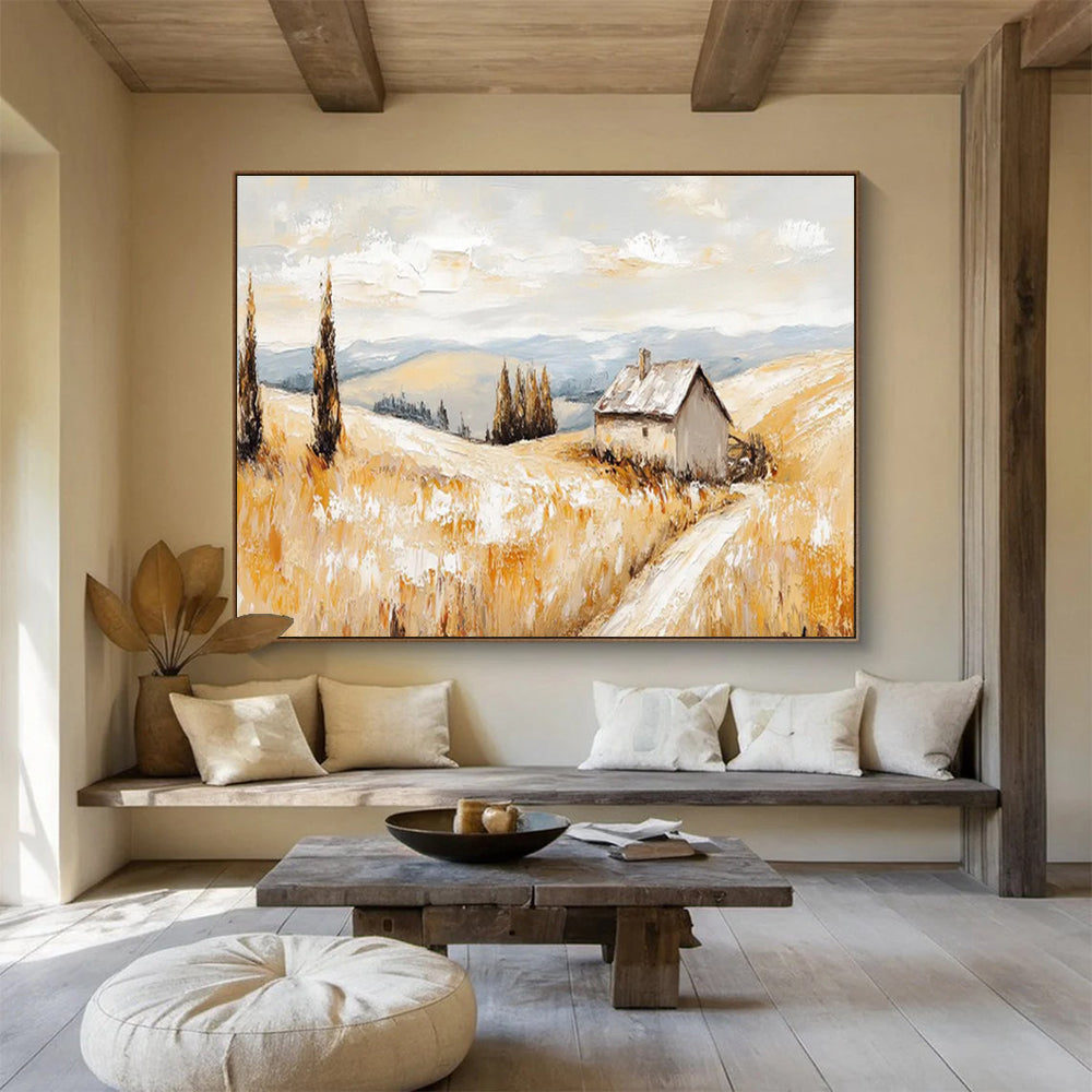 “Golden Field Cottage” - Impressionistic Landscape Painting On Canvas DKS461