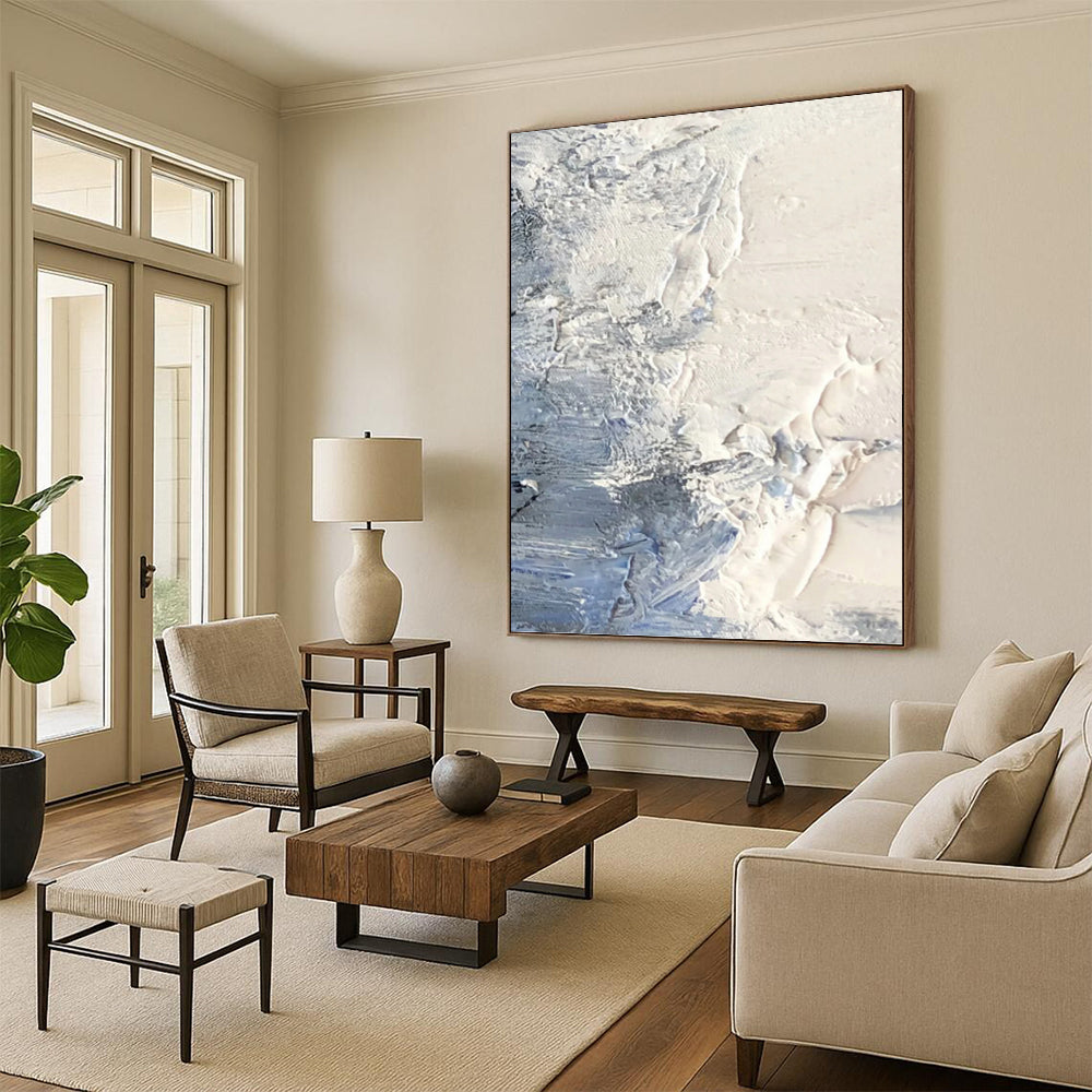 “White - Blue Textured Abstract” - Textured Abstract Painting On Canvas PT1265