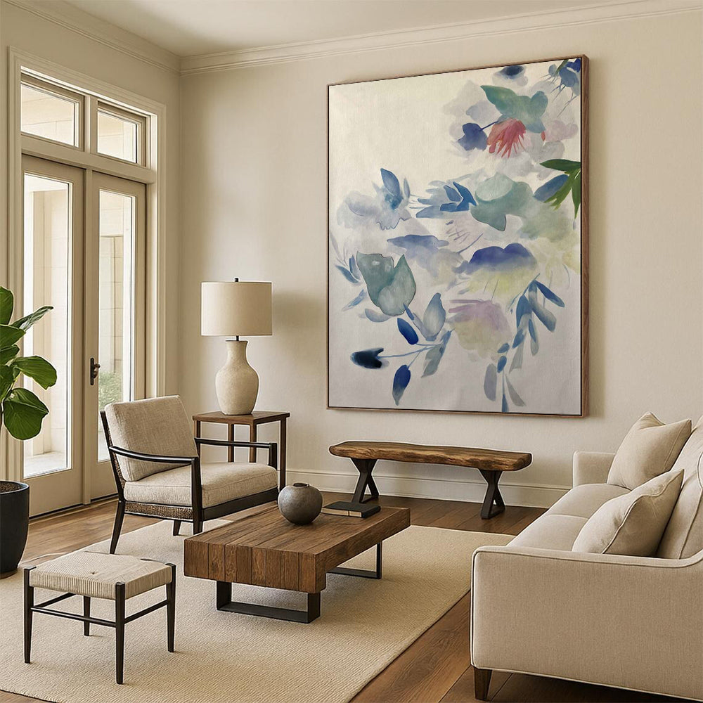 “Soft Blue - Green Watercolor Florals” - Watercolor Painting On Canvas PT2075