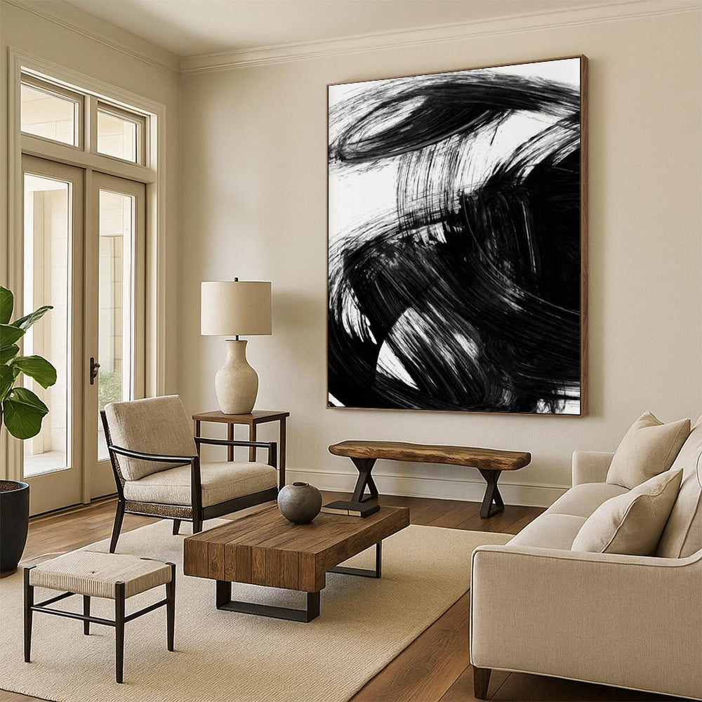 “Dynamic Black Brushstrokes” - Bold, Swirling Forms on White Background Painting On Canvas DS195